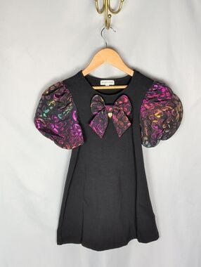 Angel's Face Girls' Anneliese Black Jersey Dress Leopard Puff Sleeves (6-7 UK)
